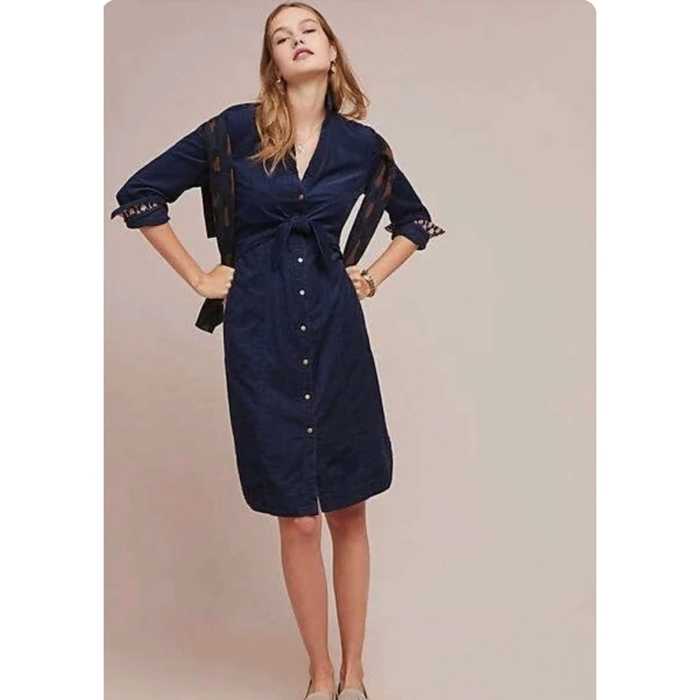 Anthropologie Maeve Navy Corduroy Front Tie Shirt Dress Womens Sz 2 Long Sleeve